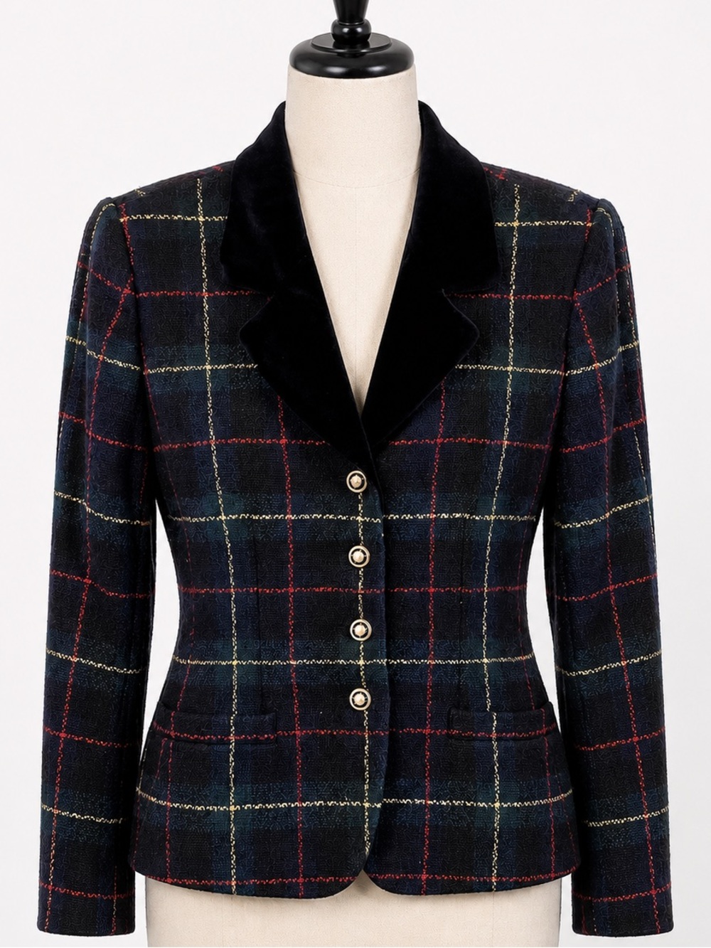 Kasper ASL Wool Plaid Blazer 4 Navy Velvet Collar Gold Buttons